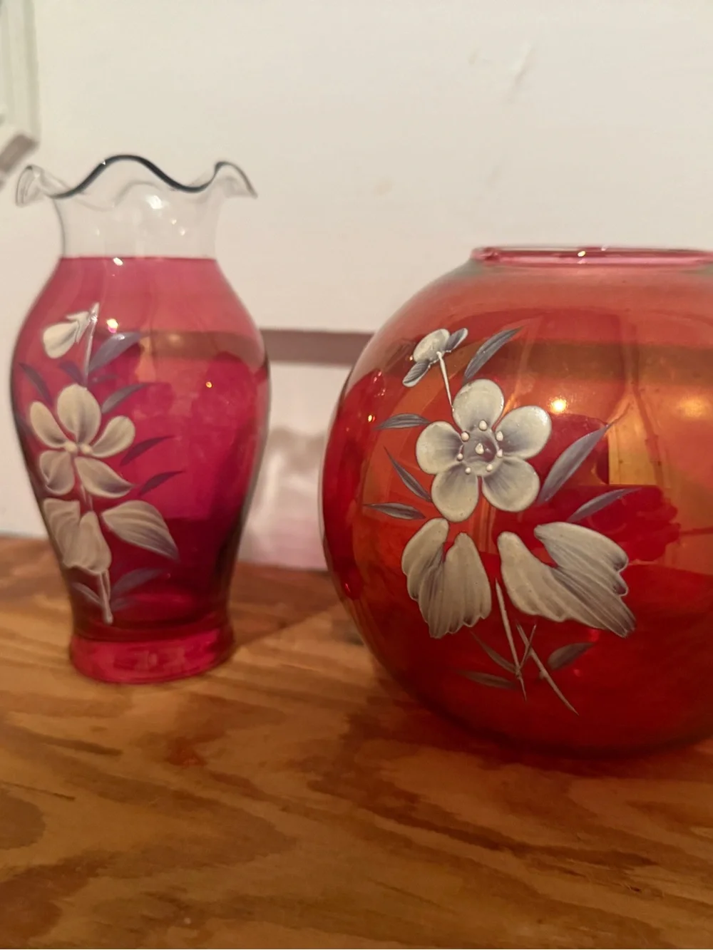 Fenton Vintage Red Cranberry Glass Ruffeled Vase Set
